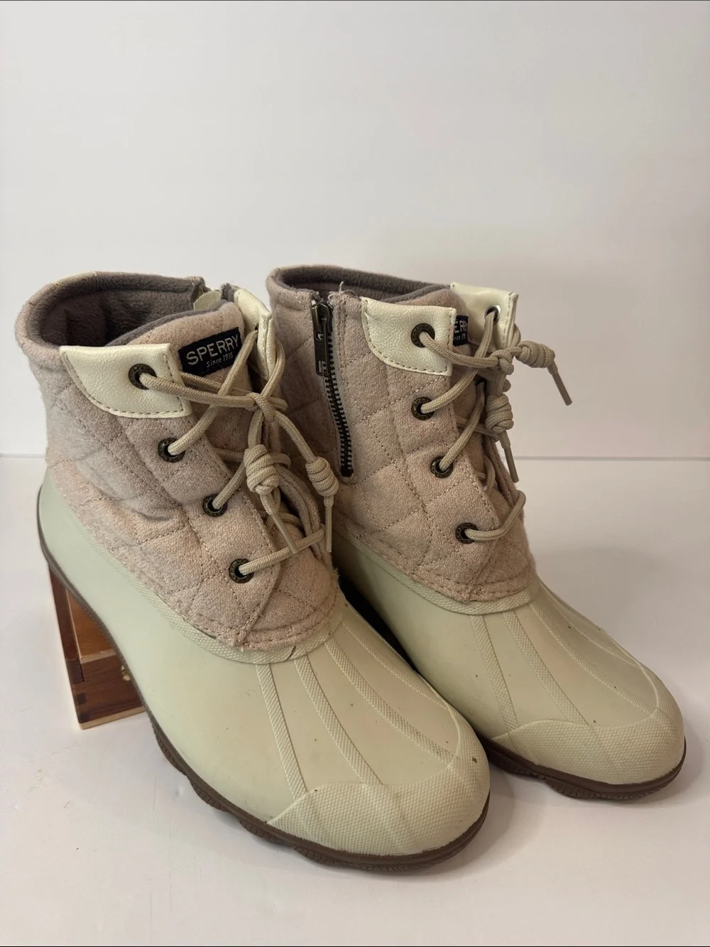Sperry Duck Boots Quilted Wool Lace-Up Side Zip Waterproof Boots, Tan & Cream